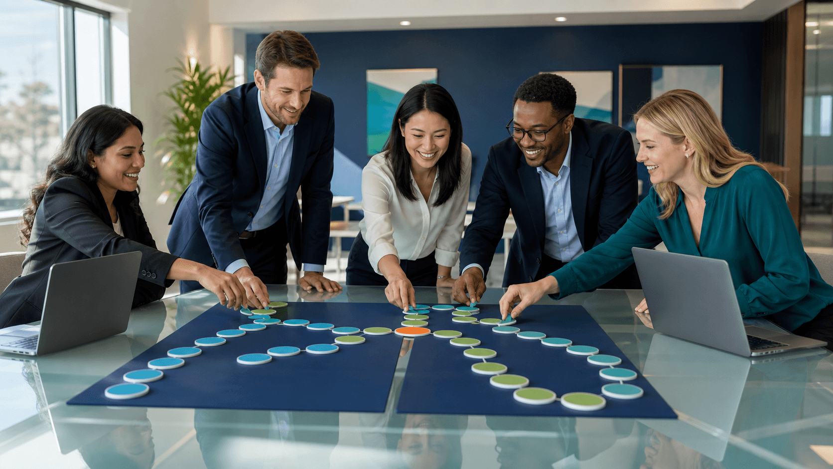 Blue dashboard with sales and marketing charts, checklists, and connected team icons on a dark background.