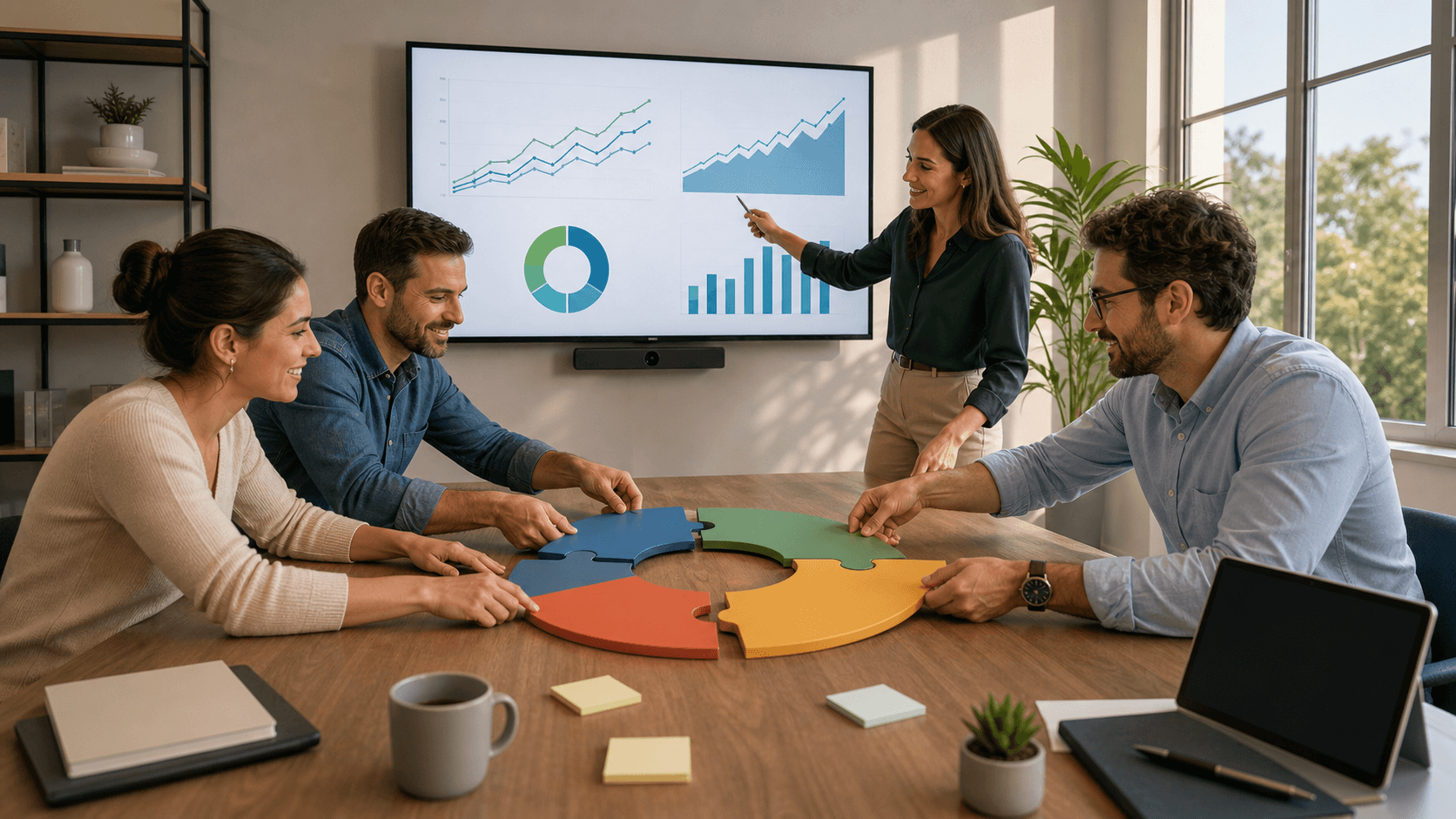 Quarterly timeline graphic with four colored panels, upward arrows, and chart icons on a clean white background