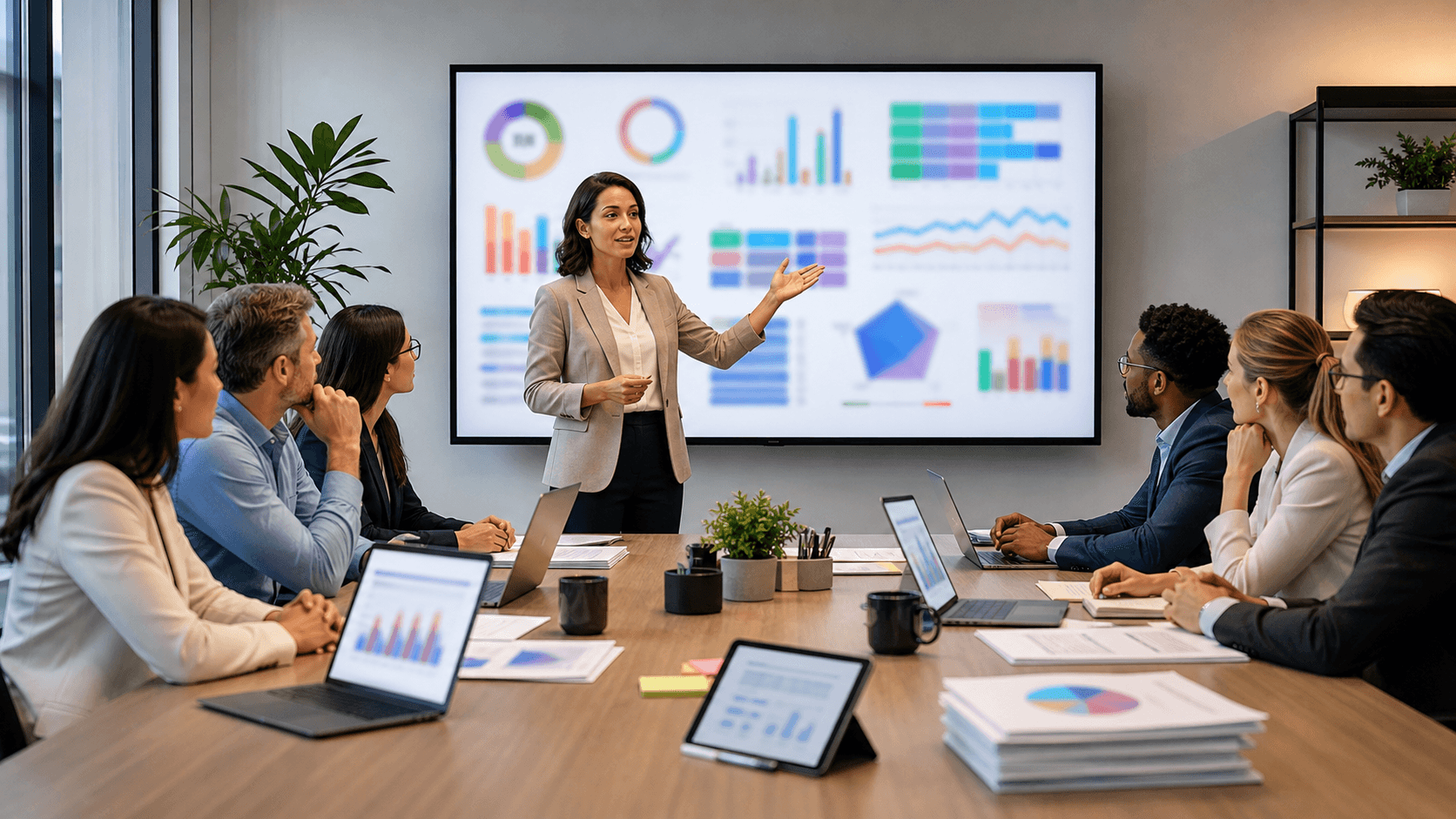 Side-by-side charts and checklists on a blue gradient dashboard, with colored icons and soft shadowed cards