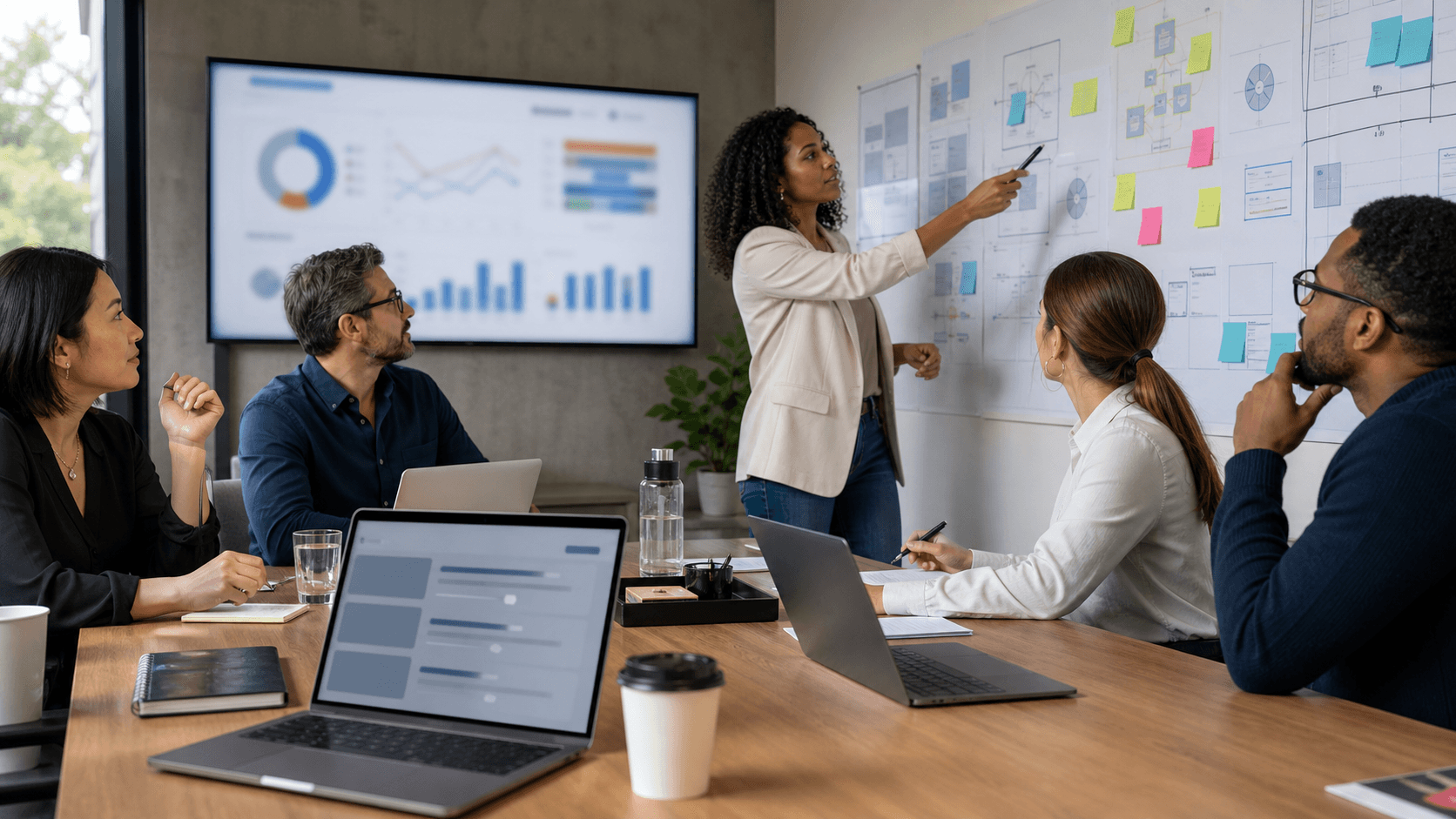 Businesspeople around a conference table, overlooking a glowing AI brain icon on a wall screen in cool blue light.